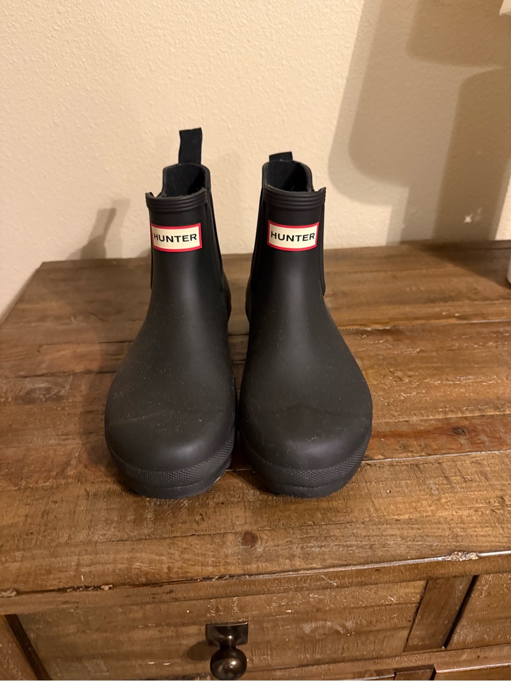 Hunter Black Chelsea Rain Boots with Red Logo